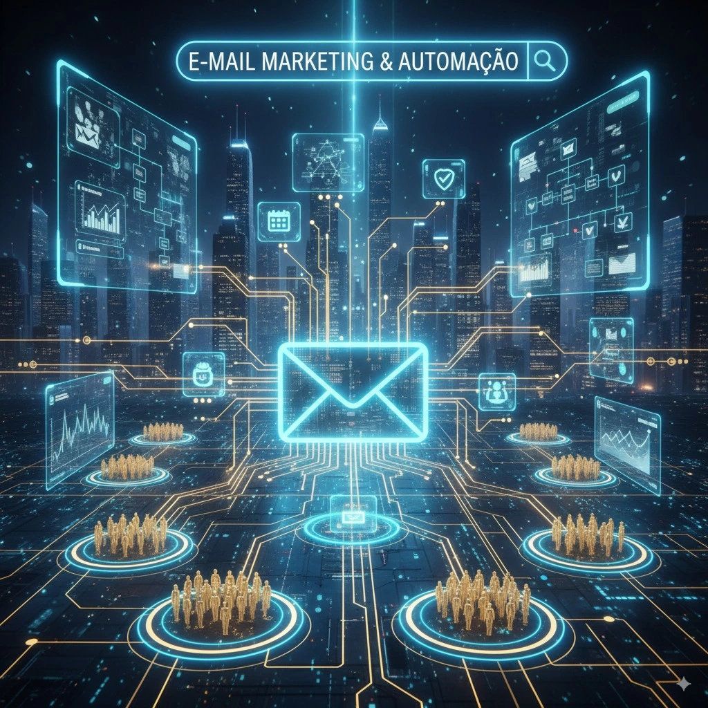 Envelopes voando para caixas de entrada, simbolizando e-mail marketing e automação