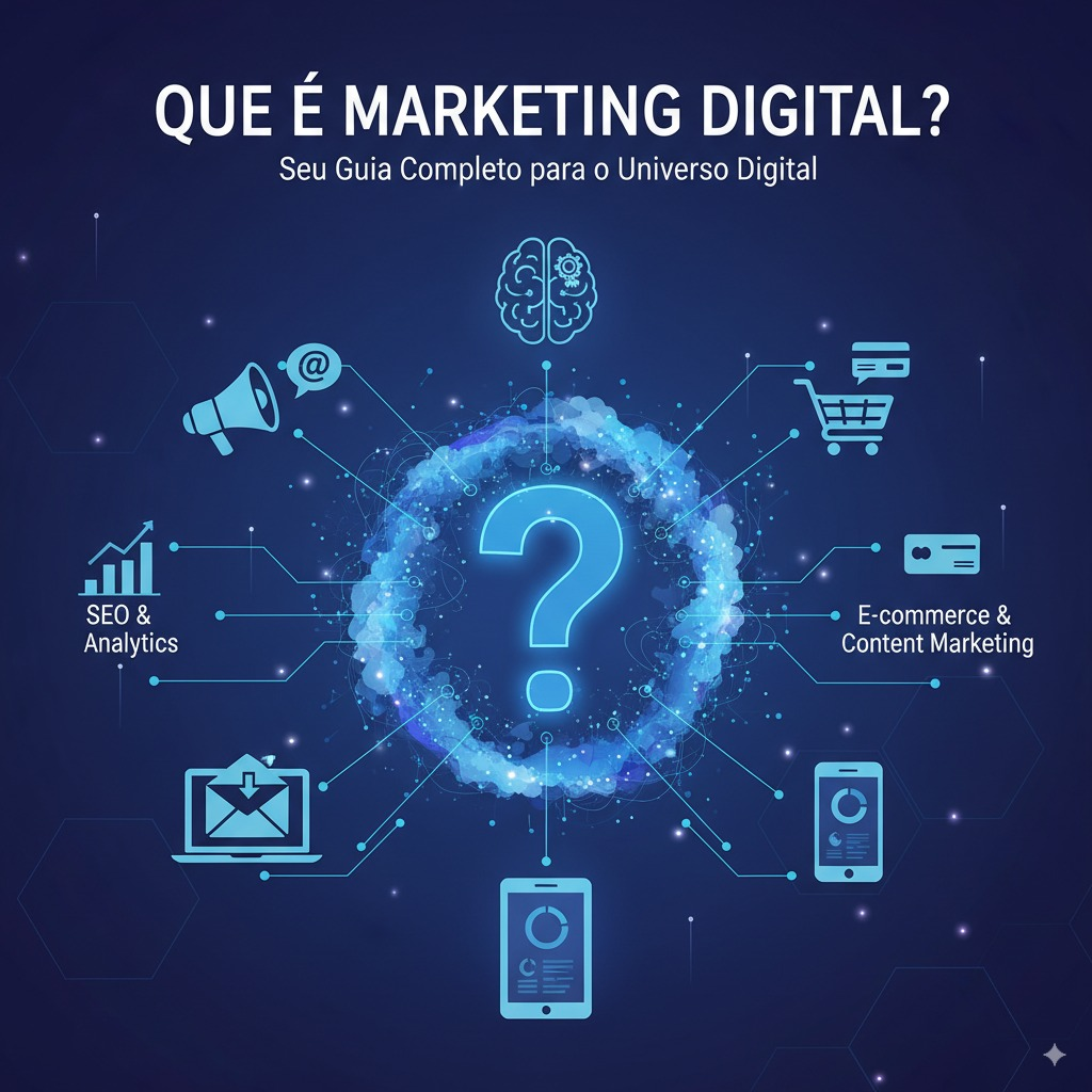 Ilustração conceitual sobre Marketing Digital com gráficos e ícones de redes sociais