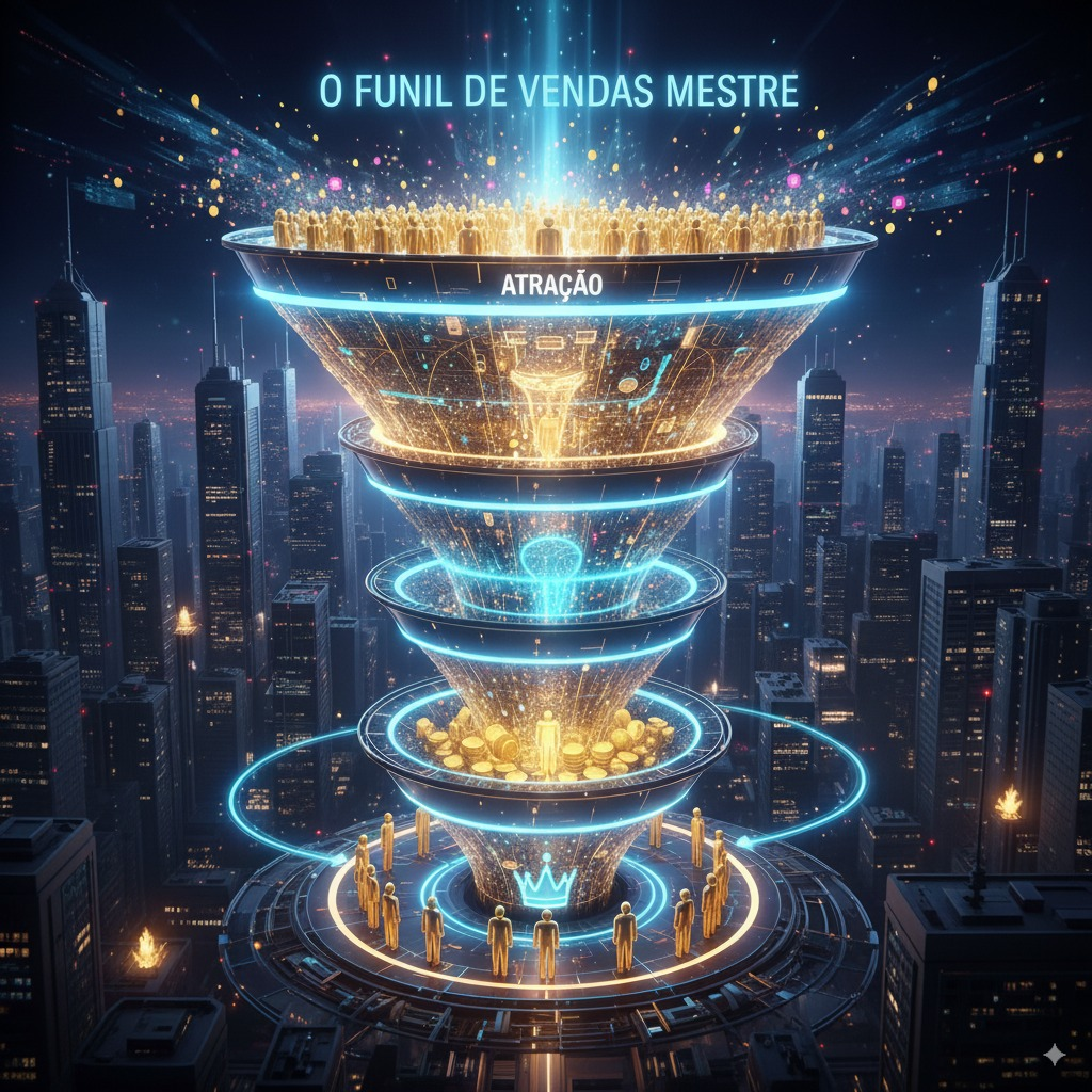 Diagrama de um funil de vendas com as etapas Topo, Meio e Fundo