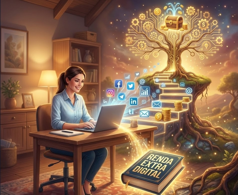 Pessoa trabalhando em casa com notebook, representando renda extra com marketing digital